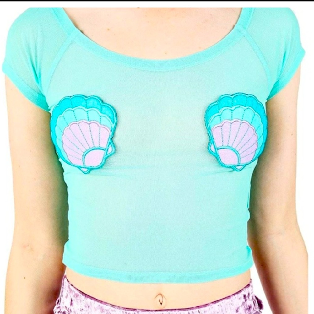 Iron fist mermaid for life, mesh crop top T-shirt, color aqua new with tags - Picture 5 of 5